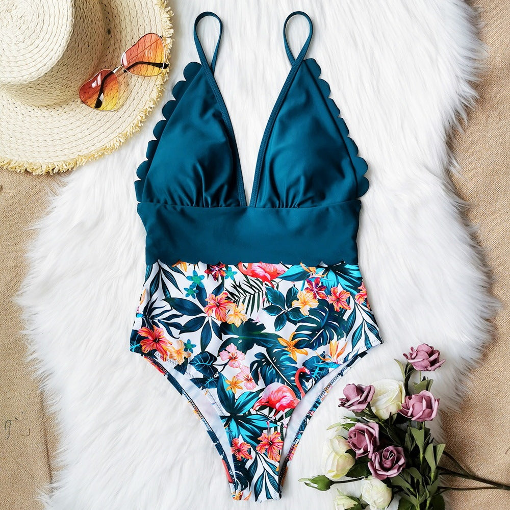 One-Piece Swimsuit Printed Cut Lace Swimsuit Halter Sexy Swimsuit